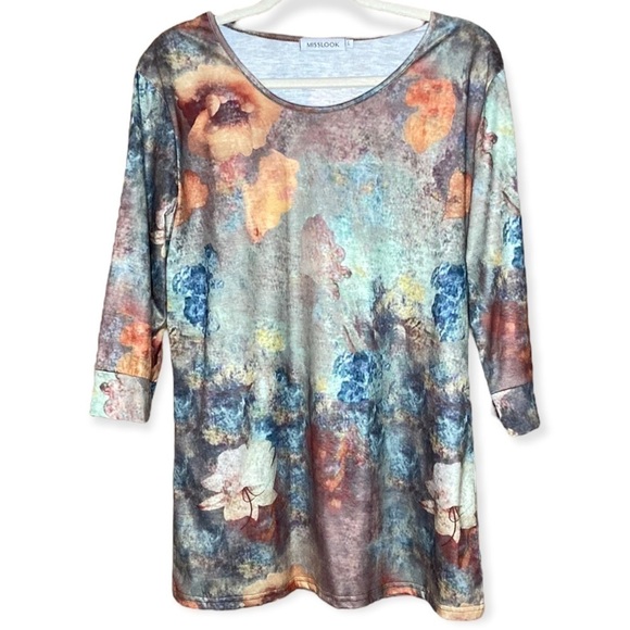 MISSLOOK | Floral Print Tunic Blue Watercolor Elbow Length Sleeves L - Picture 1 of 5